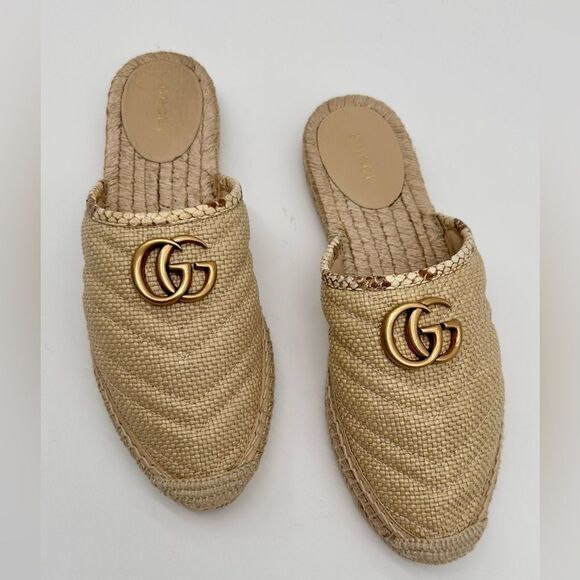 GUCCI GG Marmont Straw Elaphe Matelasse Espadrille Mules Natural Raffia EU 38.5 - Picture 2 of 15